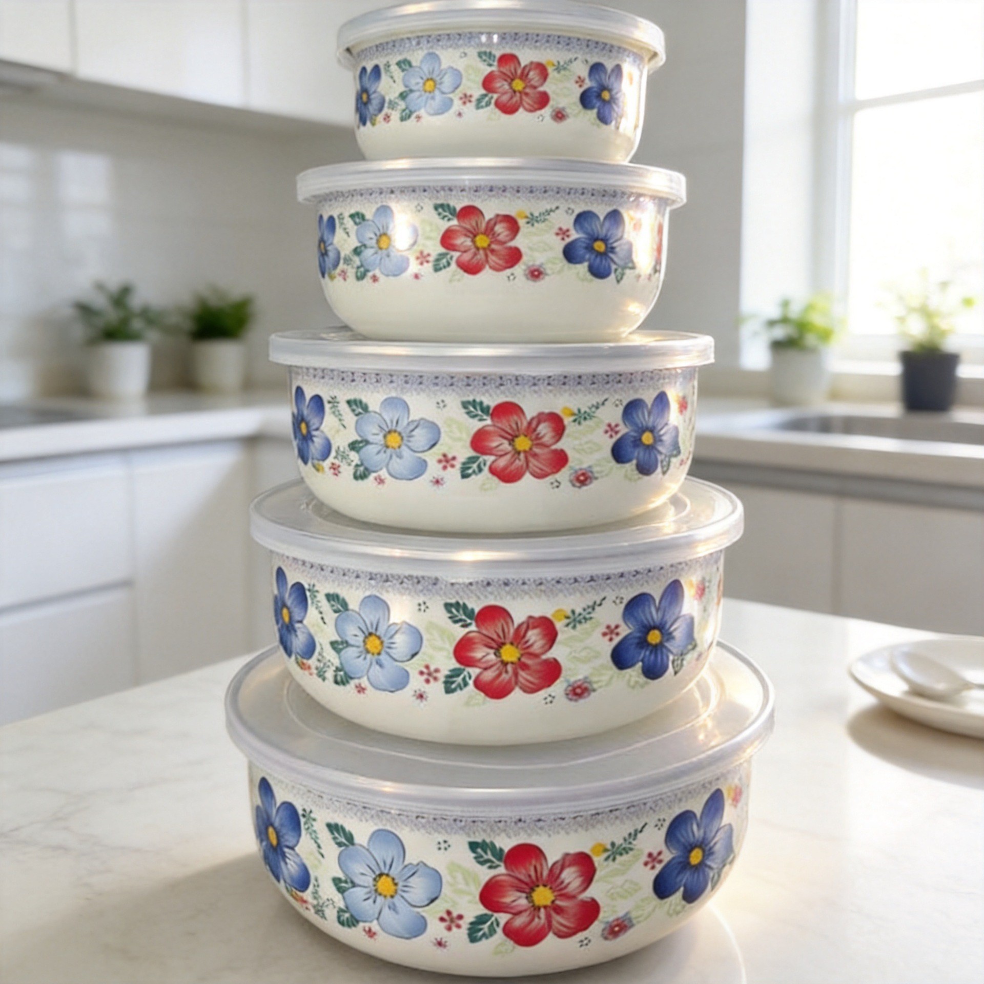 Enamel bowl set (3-piece or 5-piece), food storage bowls, seasoning containers, lunch boxes, fast-food cups, ice bowls with lids, and traditional-style lunch boxes