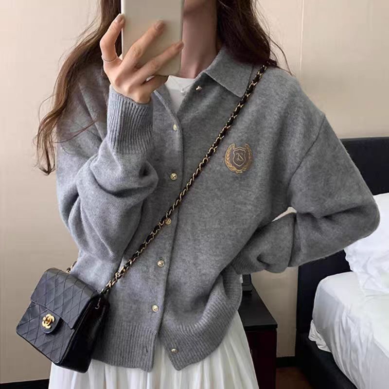 Cashmere Cardigan Women's Autumn and Winter New Embroidered Polo Collar Sweater Jacket Lapel Retro Lazy Loose Knitted Top