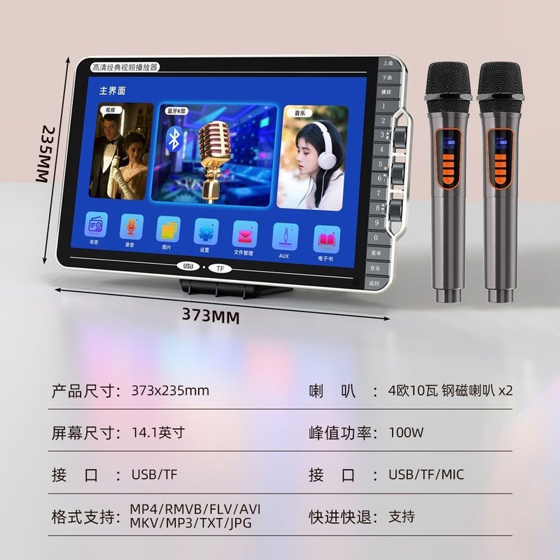 Jinzheng E12 HD ビデオプレーヤー ワイヤレスマイク カラオケオーディオ スクリーン付き カラオケ視聴および歌唱機|undefined