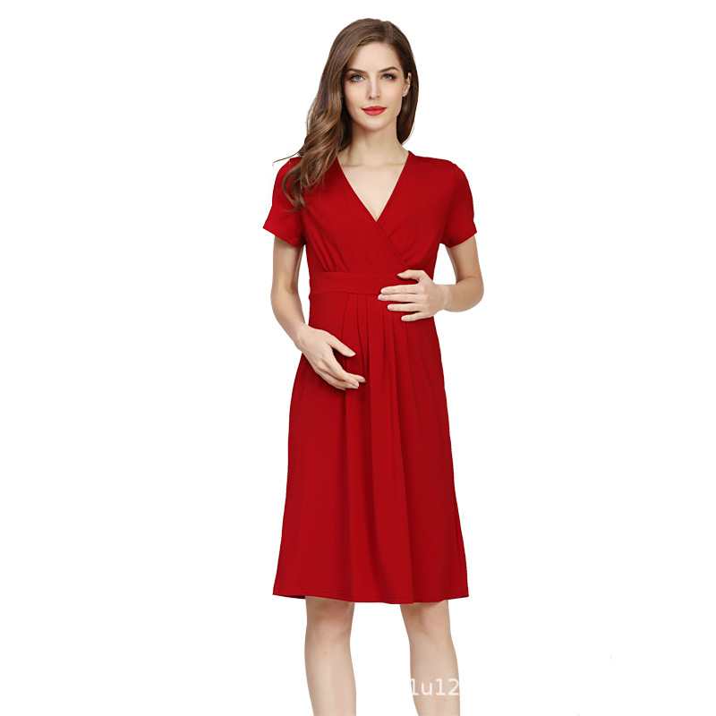 Vestido de lactancia de maternidad de manga corta de verano con cuello en V color sólido vestido de mujer embarazada vestido de talla grande vestido de maternidad suelto de moda