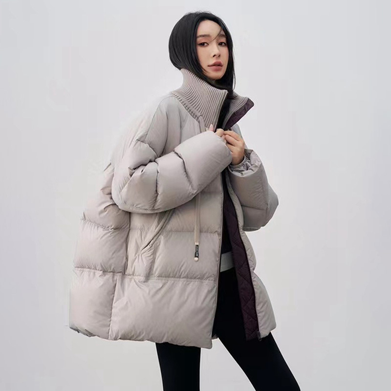 2025冬季新款韩版洋气针织立领拼接羽绒服女中长款宽松白鸭绒外套|undefined