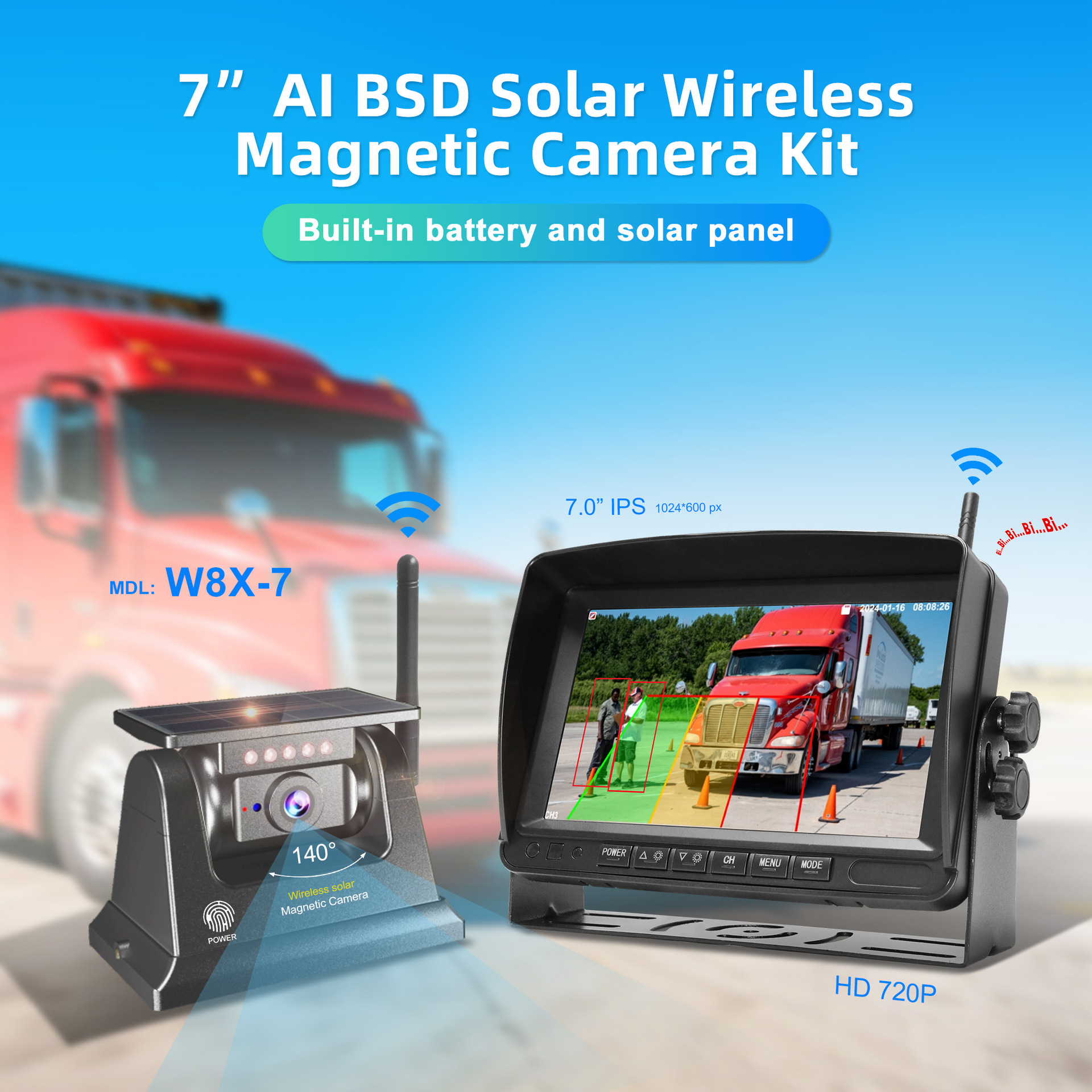 7inch Truck Wireless Wifi Solar Camera Hd Car Reversing Image Bsd Car Navigation Recorder