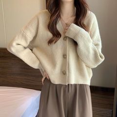 秋冬2025年新款V领宽松慵懒风针织衫秋季长袖毛衣开衫女上衣外套