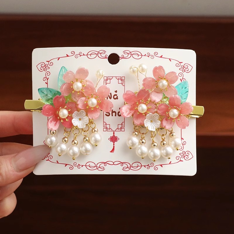 Horquilla de los niños estilo antiguo hanfu tocado lindo perla flor borla clip bebé cinta accesorios para el cabello