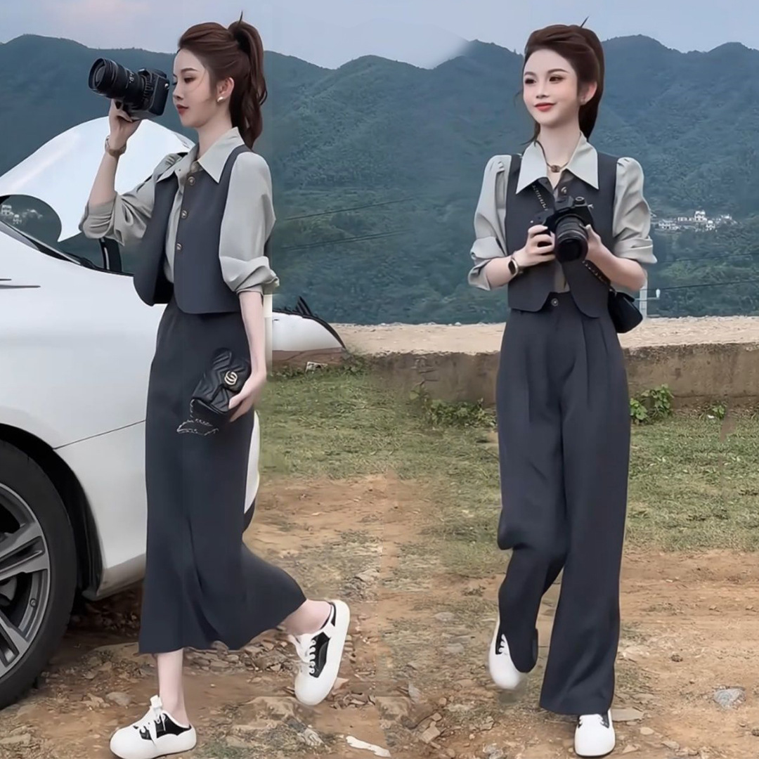 气质减龄套装裙女2025春季新款长袖衬衫马甲长裤显瘦三件套女装潮