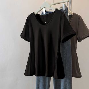 150kg Plus Size Women's Summer Waist-Covering Belly-Covering Right Shoulder Short-Sleeved T-Shirt for Fat mm Slimming Look High-End Style Top
