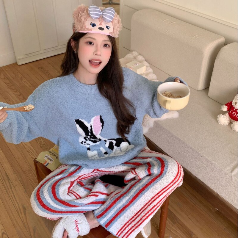 Soft and Fluffy Rabbit Half-Velvet Pajamas for Women, Winter High-End Feather Yarn Loungewear, Thickened and Anti-Static