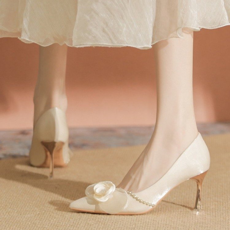 2025 New Wedding Shoes for Women Spring & Fall New High-End High Heels Shallow Mouth Stiletto Heels Burgundy Satin Bridal Shoes Pointed Toe