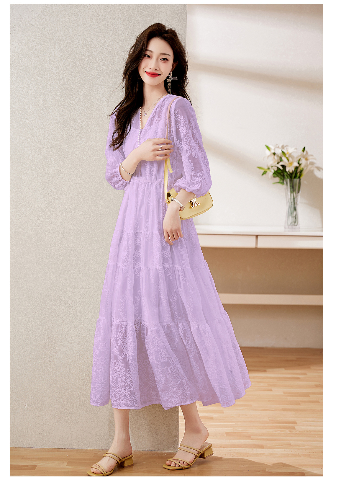 Đầm maxi nữ cổ V thắt eo dáng dài thanh lịch NY1608 — xanh lam, màu tím, màu vàng chi tiết 28