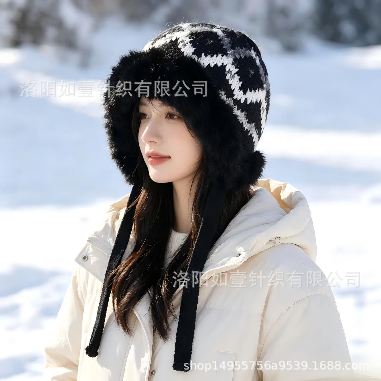 秋冬加厚护耳雷锋帽女韩版保暖毛线帽兔毛边防风针织帽户外滑雪帽