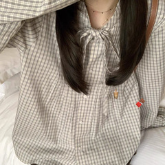 日系学院风衬衫女新款黑白格飘带蝴蝶结上衣减龄叠穿内搭小个子