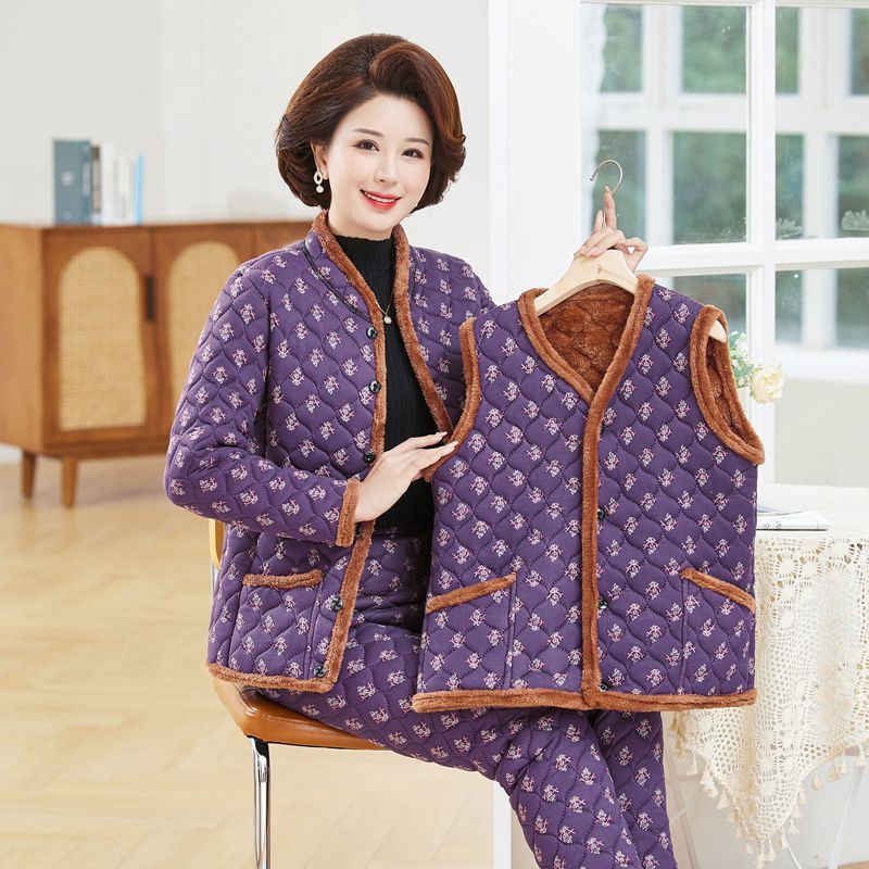 三件套保暖套装中年女装冬季新款蚕丝棉外穿高档棉服妈妈装两件套|undefined