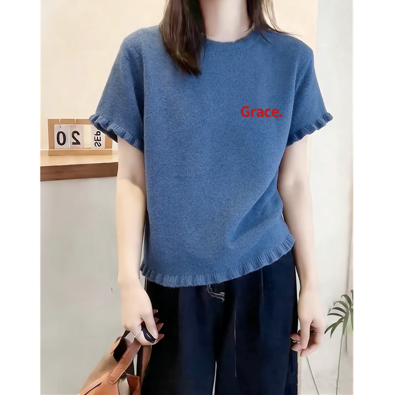 Designed Blue Letter Print Knitted Short-Sleeved T-Shirt for Women, New Spring and Summer Style, Round Neck, Stylish and Age-Reducing Top Designed Blue Letter Print Knitted Short-Sleeved T-Shirt for Women, New Spring and Summer Style, Round Neck, Stylish and Age-Reducing Top