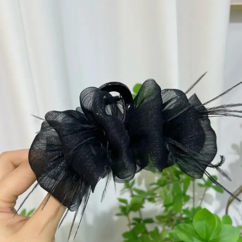 バブルガーゼグリッパーリボンフェザーブラックネットレッド新メッシュヘアピン女性の後頭部サメクリップ帽子|undefined