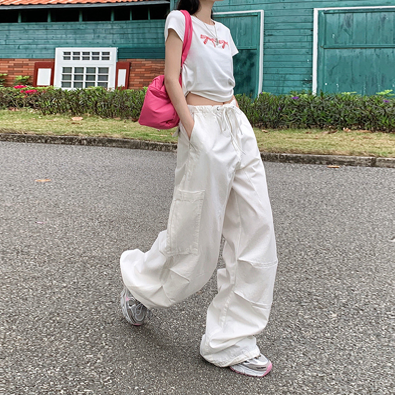 2025美式復古寬鬆闊腿褲抽繩工裝褲百搭可束腳休閒褲女潮長褲加長