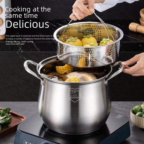 Home Stainless Steel Special High-Pot Large Capacity Multi-Layer Double-Ear Drum Sugar Soup Pot Thick and Durable Broth Pot with Steam Rack
