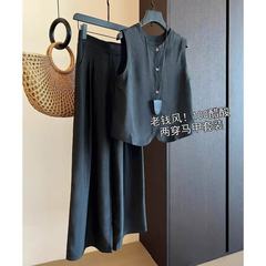 老钱风醋酸女两穿无袖背心马甲上衣直筒阔腿裤两件套女夏T0723C
