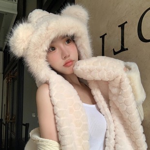 24 new three-piece hat fashion football plush scarf gloves one winter windproof warm hat