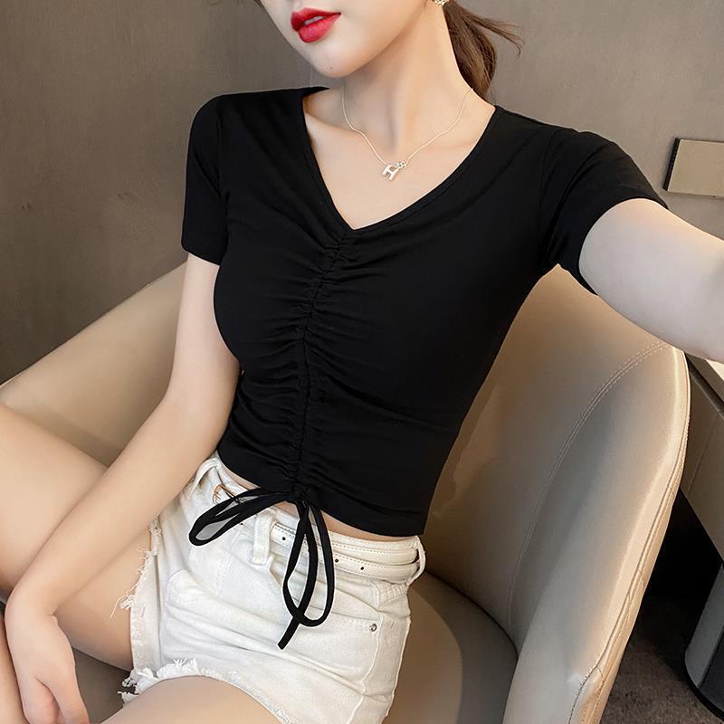 Black T-Shirt Women's Short-Sleeved Summer Design Niche V Neck Short Top High-Waisted Navel-Baring Sexy Drawstring Tight Body Shirt
