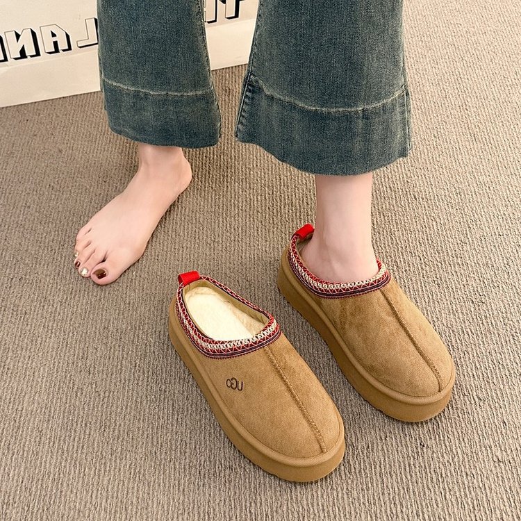 Foreign Trade Cross-Border Snow Boots for Women, Winter Cotton Shoes with Integrated Leather and Fur, Warm, Non-Slip, Thick-Soled, Fleece-Lined, Thickened Half-Slipper Cotton Slippers