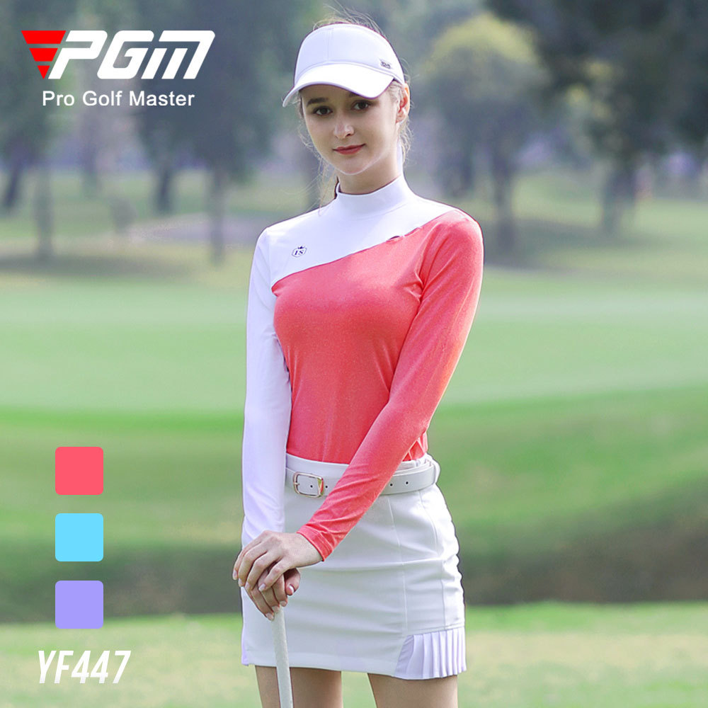 Áo thun dài tay golf nữ co giãn giữ ấm mùa thu đông — YF447-Trắng Đỏ gai Xám, YF447-Trắng Tím, YF447-màu xanh trắng