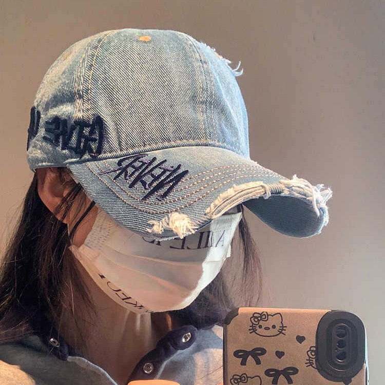 美式磨边破洞侧边立体刺绣弯檐棒球帽时尚百搭街头个性防晒鸭舌帽|undefined
