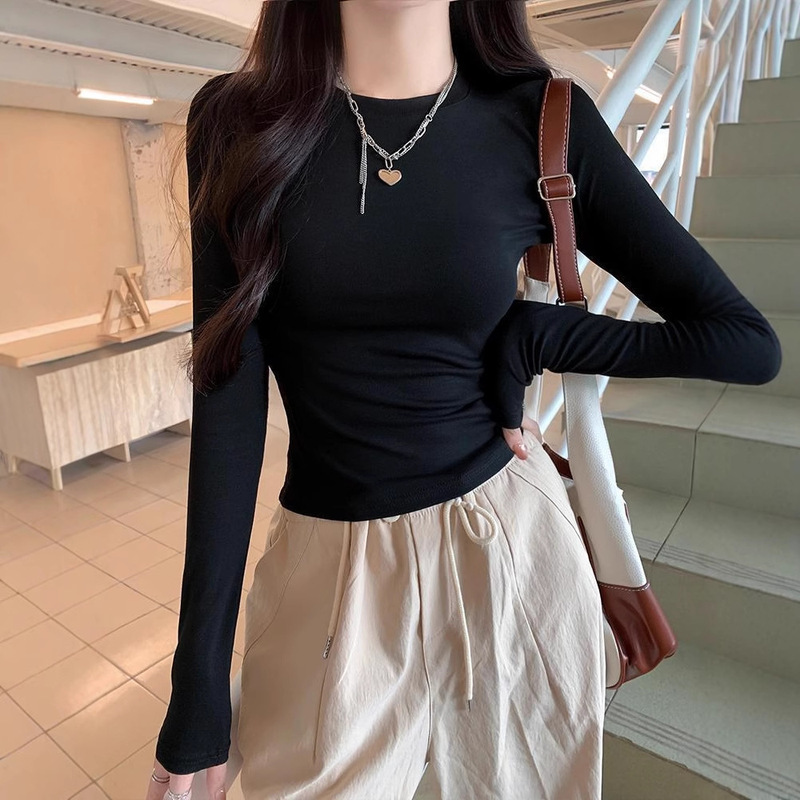 外贸辣妹掐腰长袖T恤女春秋纯色修身显瘦外贸百搭打底衫白色上衣|undefined