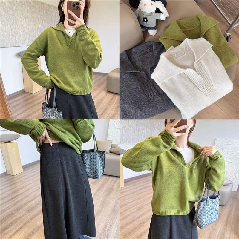R0W风！简约翻领毛衣 慵懒宽松套头针织衫秋冬兔毛羊毛混纺上衣女