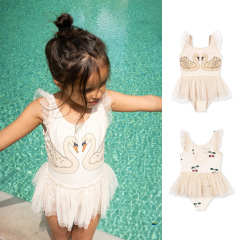 女童連體無袖泳衣速干防曬2024丹麥夏季小女孩游泳裙邊可愛泳裝