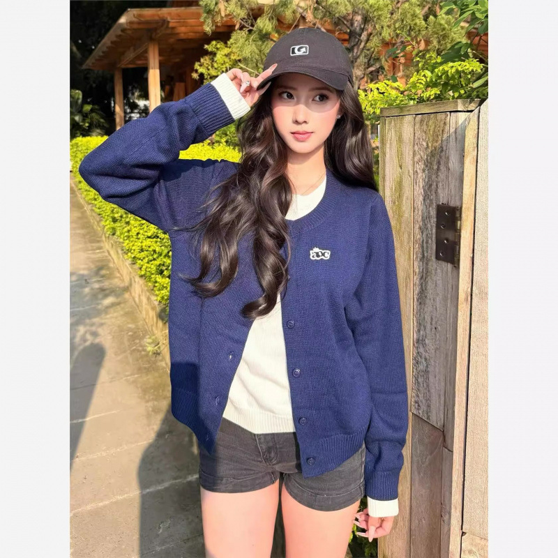 美式覆古假两件针织开衫女早秋新款藏青色长袖宽松慵懒风v领上衣|undefined