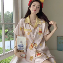 跨境甜美少女仿真丝夏季可外穿家居服维尼熊卡通印花睡衣套装批发