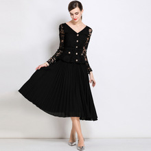 法式蕾丝拼接翻领连衣裙金属扣收腰显瘦百褶中长裙送腰带