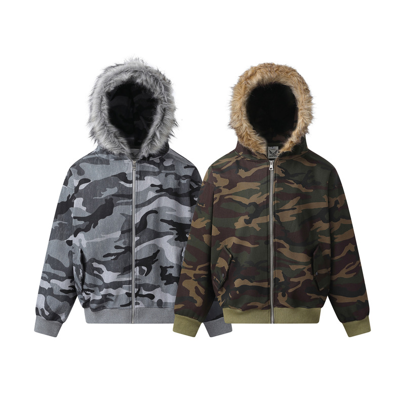 Cross-Border New Trendy American Retro Camouflage Fur Collar Sweatshirt for Men and Women Casual Zipper Plus Velvet Hooded Jacket