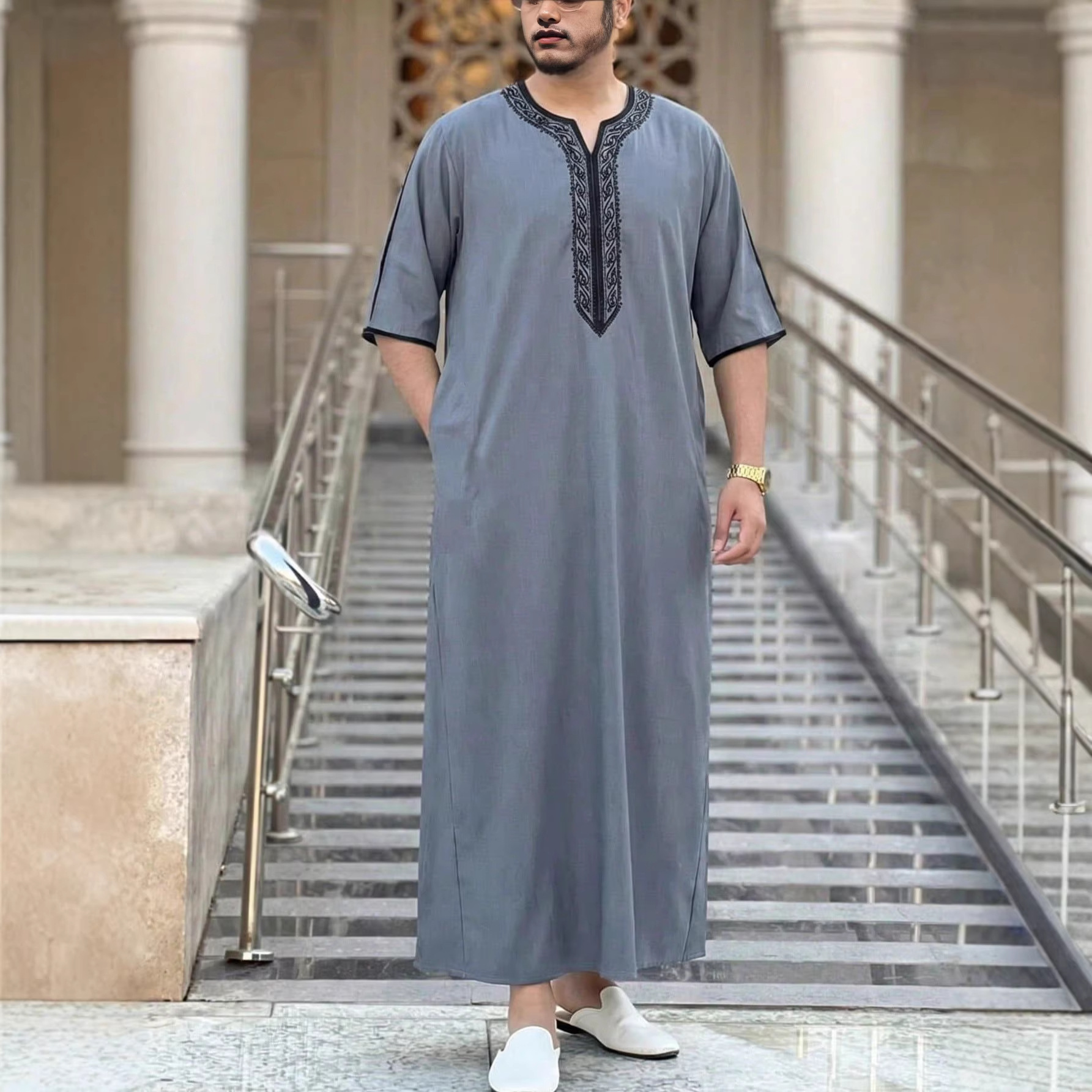 Men's Arab Middle Eastern Style Kebaya Loose Stand Collar Round Neck Fashionable Ethnic Clothing_voghion.com
