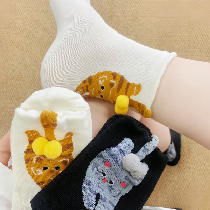 夏の人気の抽象的な立体猫卵ソックスかわいい手作り卵猫面白いミッドカーフソックス女性用ロングソックス|undefined