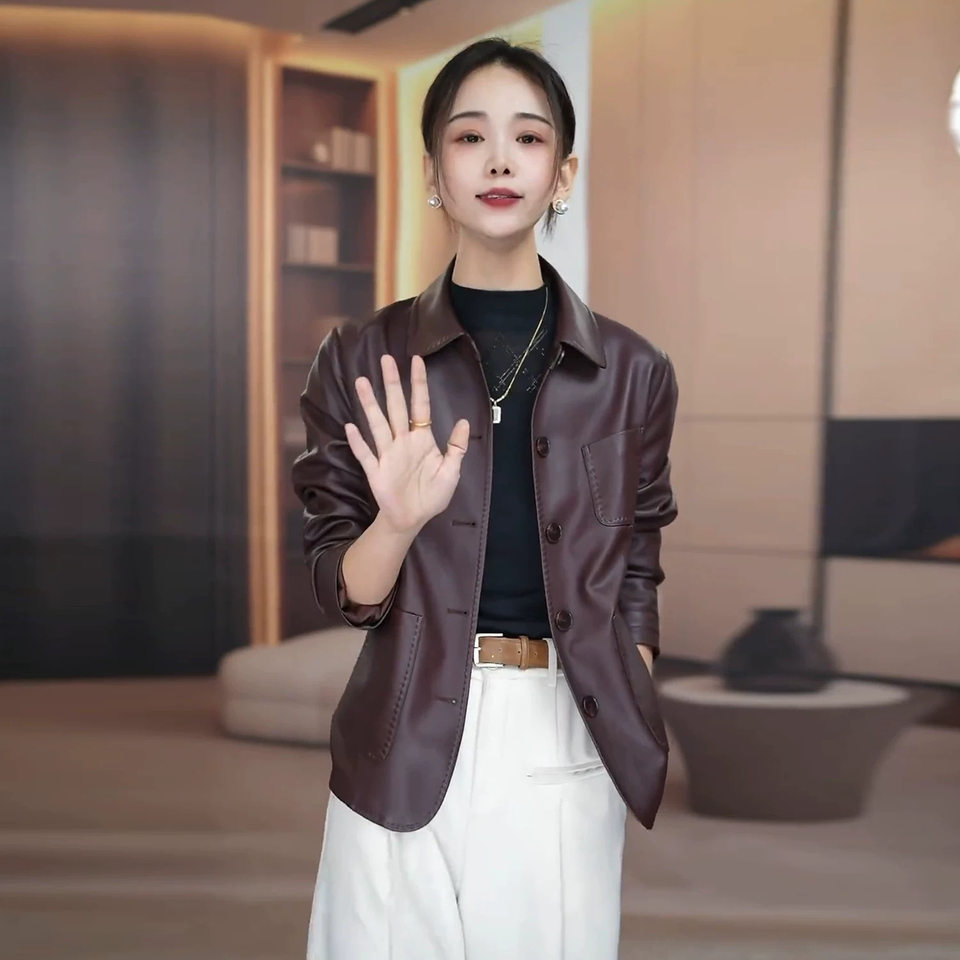 Áo khoác da PU nữ dáng ôm ngắn một hàng khuy cổ bẻ — màu cà phê, đen, Lông cừu đen, Màu cà phê với fleece chi tiết 4
