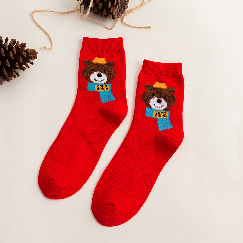 Calcetines de algodón de color puro calcetines de moda de dibujos animados a rayas de oso de media pantorrilla de mujer Festival de Primavera Año Nuevo rojo cumpleaños año festivo Calcetines