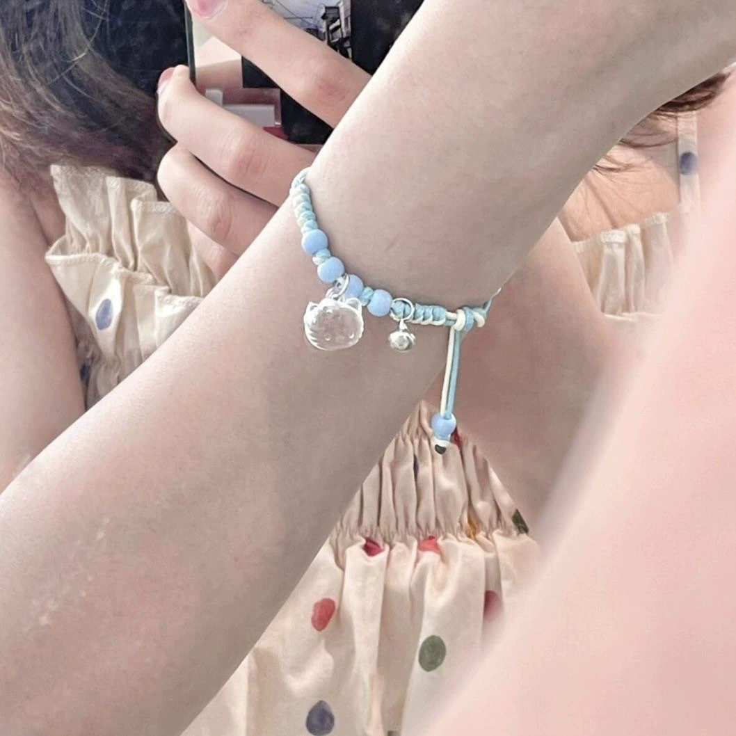 Плетен bracelet Hello Kitty (S-241) милый cartoon подвеска, ручная работа, розовый или синий