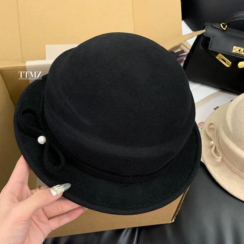 赫本风100%绵羊毛千金帽合集~蝴蝶结卷边礼帽女秋冬方圆脸盆帽冬|undefined