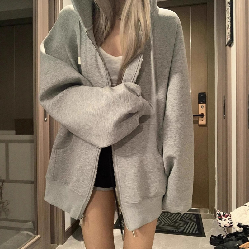 美式复古重磅连帽卫衣女春秋oversize薄款外套宽松慵懒风开衫上衣|undefined