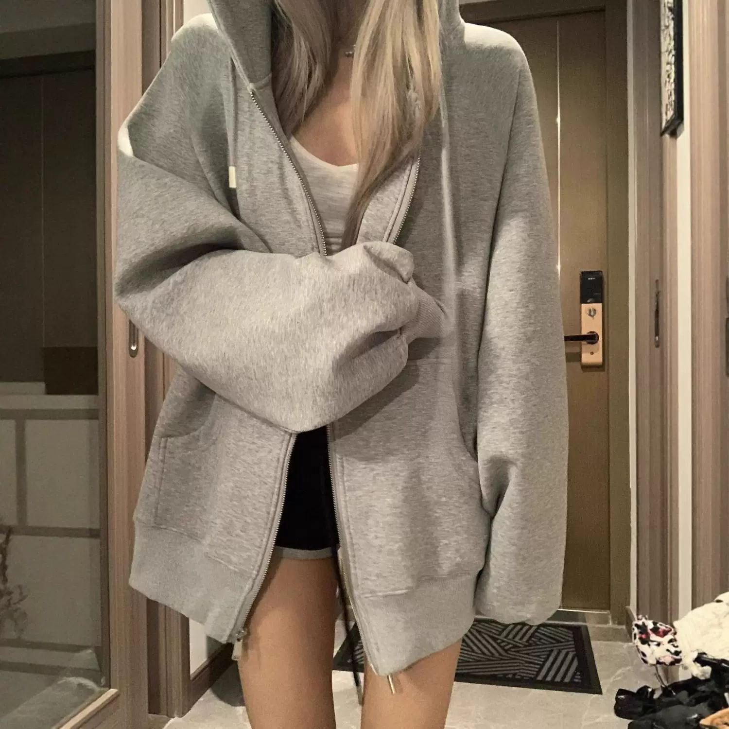 美式复古重磅连帽卫衣女春秋oversize薄款外套宽松慵懒风开衫上衣