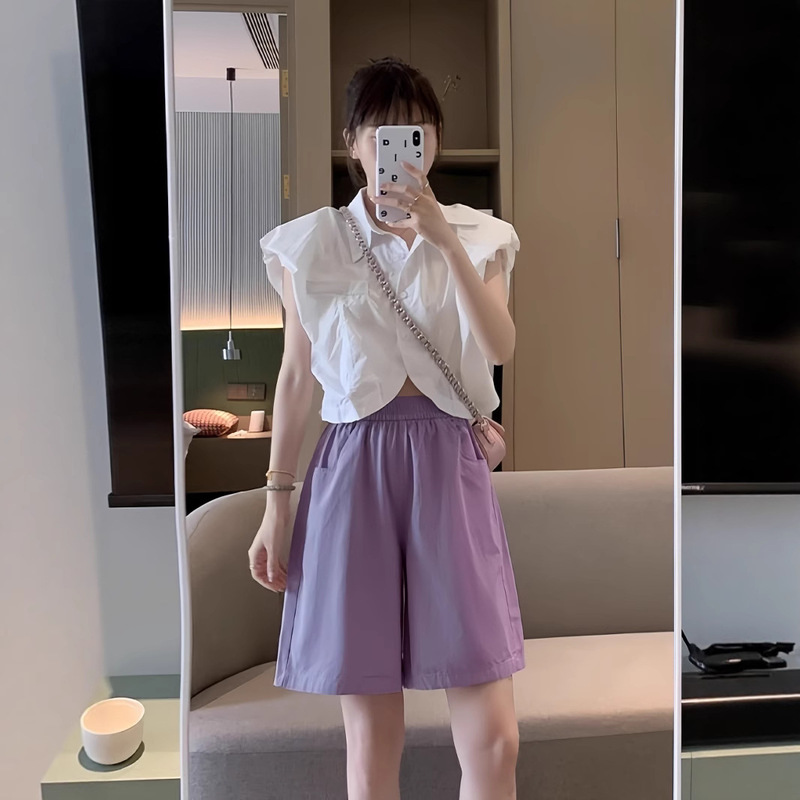 High-End Slimming Purple Shorts for Women, Summer Thin High-Waisted Casual Wide-Leg Pants, Workwear Sports Pants