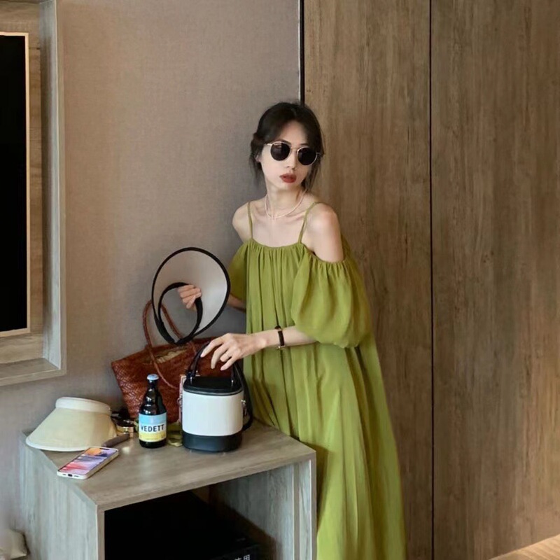 French Suspender One-Shoulder Green Dress for Women 2025 Summer New Loose Off-Shoulder Long Dress French Suspender One-Shoulder Green Dress for Women 2025 Summer New Loose Off-Shoulder Long Dress