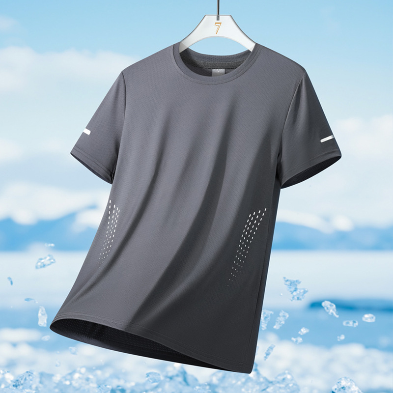 2026 New Cross-Border Short-Sleeved T-Shirt Men's Thin Ice Silk T-Shirt Breathable Sports T-Shirt Casual Quick-Drying T-Shirt