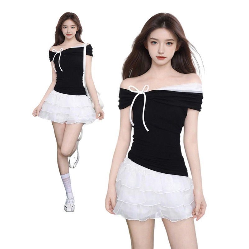 French Black Bow One-Shoulder Short-Sleeved T-Shirt for Women Summer Slim Waist Off-Shoulder Lace Short Top