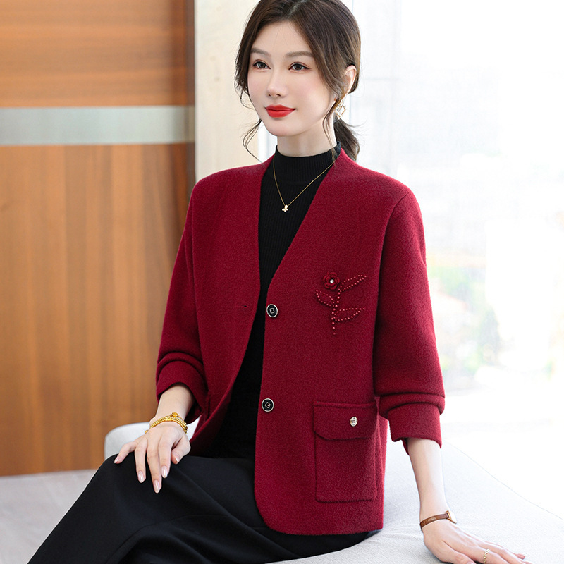 Short Mother's Autumn Shawl Top, Middle-Aged and Elderly Women's Fashionable Red Outwear, Mother-In-Law's Wedding Dress