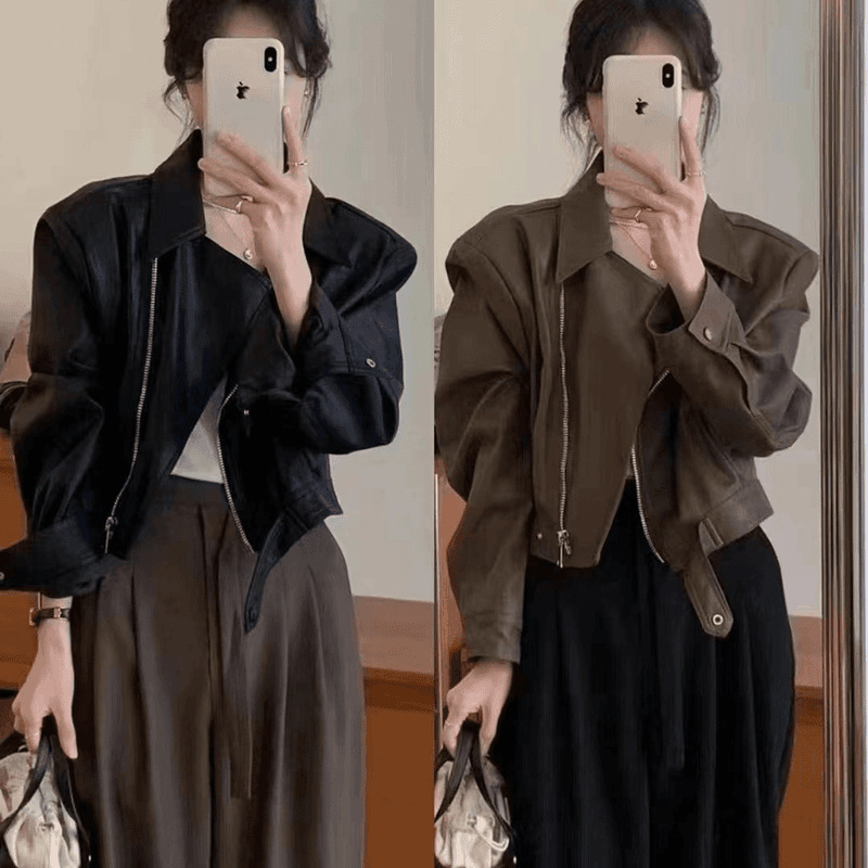 2024 봄과 가을 인터넷 인기있는 짧은 가죽 자켓 여성 바이커 가죽 자켓 올 매치 작은 짧은 새 흰색