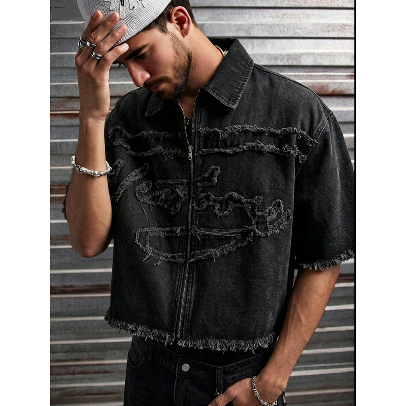 Raw Edge Zipper Denim Jacket for Men and Women, New Spring/Summer Short-Sleeve Shirt, American Retro Trendy Brand Half-Sleeve Top Jacket