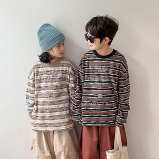 Children's Base Shirt 2025 Spring Korean Striped Loose Base Shirt for Boys and Girls Children's Round Neck Casual All-match Top