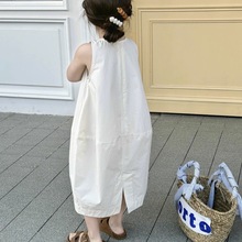 女童白色连衣裙2024夏装新款女宝宝文艺小清新纯色无袖背心裙裙子
